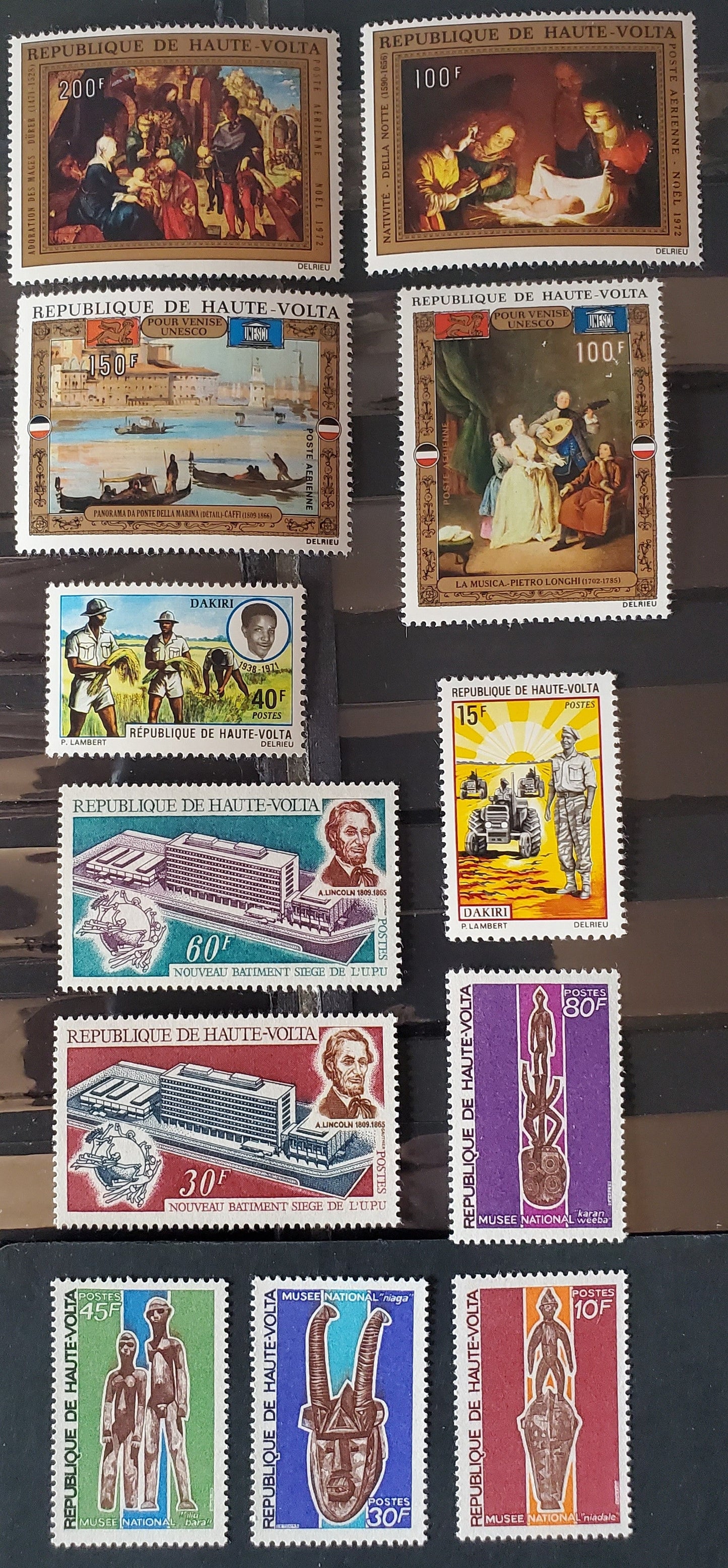 Lot  114 Burkina Faso SC#207-C128 1970-1972 Carvings - Christmas Issues, 11 VFNH Singles, Click on Listing to See ALL Pictures, 2017 Scott Cat. $16.7