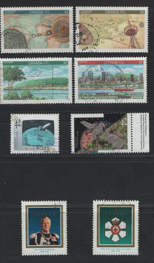 Canada #1404-1407, 1441-1442, 1440-1447 42c-84c Multicoloured Montreal - Rolland Michener, 1992 Canada '92 - Order Of Canada/Rolland Michener Issues, 8 VF Used Singles All With Relatively Light Cancels