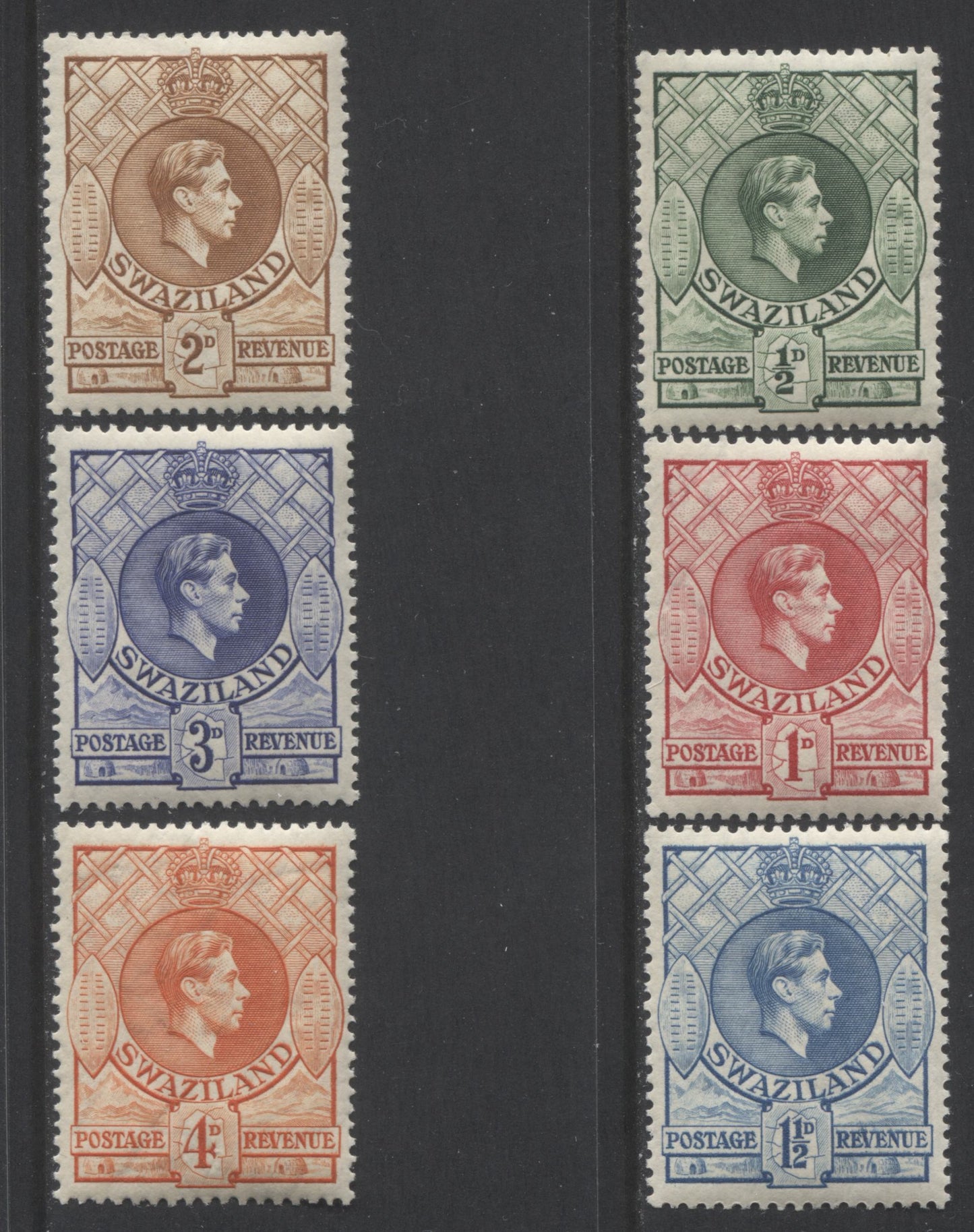 Lot 69 Swaziland SC#27a-32a32.75 (SG#28-33), 1938-1954 King George VI Profile Issue, A Partial VFNH Set Ranging From 1/2d to 4d, Perf 13.5 x 13, Scarce 1938 Printings, 2022 Scott Classic Cat. $32.75