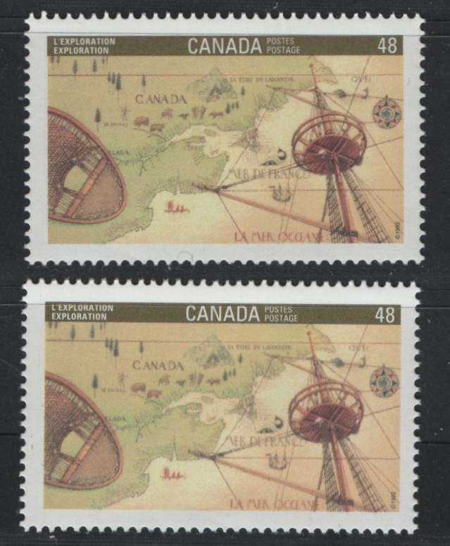 Canada #1406 & var 48c Multicoloured Exploration, 1992 Canada '92 Issue, 2 VFNH Singles On NF/DF1 and NF/DF2 Harrison Papers, NF/DF2 Almost Looks LF On Back Compared To NF/DF1