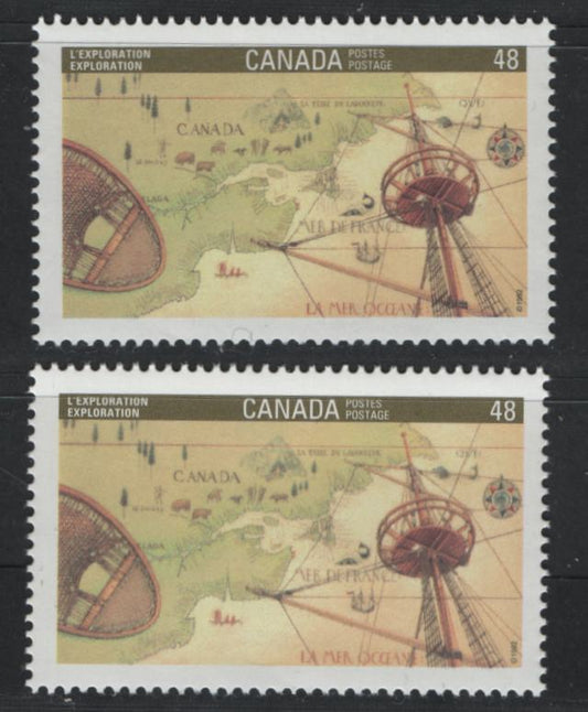 Canada #1406 & var 48c Multicoloured Exploration, 1992 Canada '92 Issue, 2 VFNH Singles On NF/DF1 and NF/DF2 Harrison Papers, NF/DF2 Almost Looks LF On Back Compared To NF/DF1