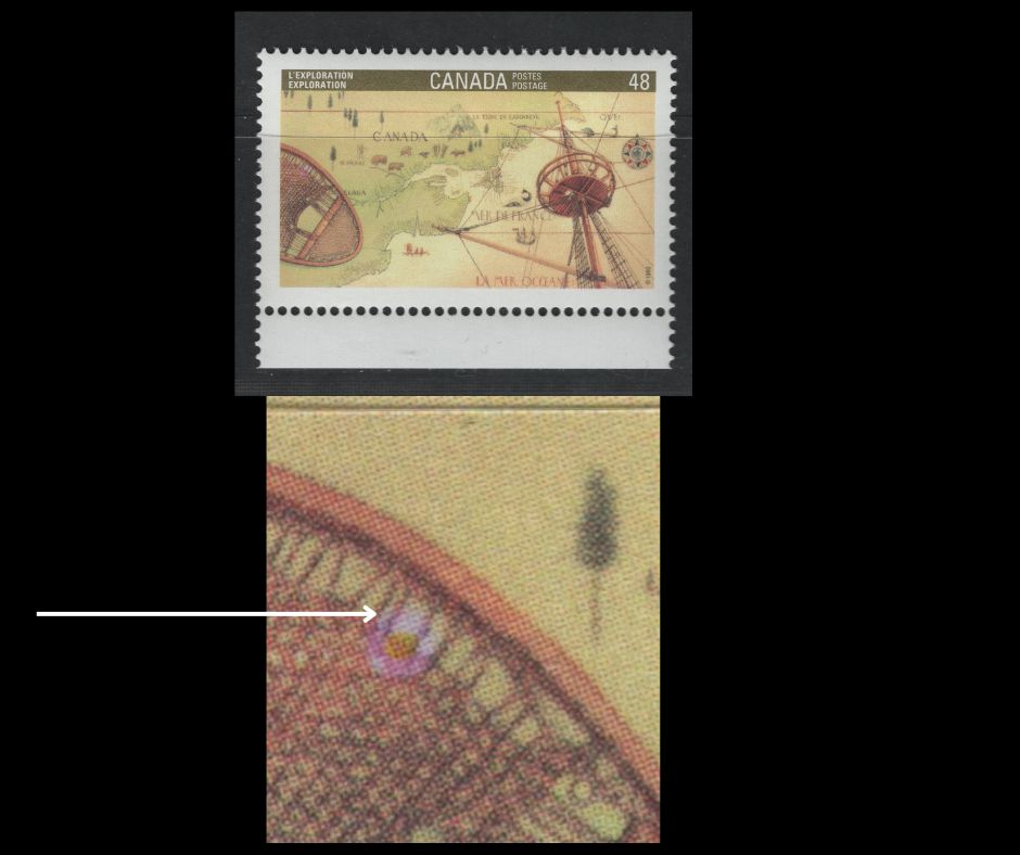 Canada #1406var 48c Multicoloured Exploration, 1992 Canada '92 Issue, A VFNH Single Showing Pink Blemish On Snowshoe, Possibly Constant Or Tertiary, From One Of Pos. 21-25, NF/DF2 Harrison Paper, Spotty PVA Gum
