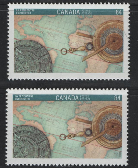 Canada #1407var 84c Multicoloured Discovery, 1992 Canada '92 Issue, 2 VFNH Singles On NF/DF1 and NF/DF2 Harrison Papers, NF/DF2 Almost Looks LF On Back Compared To NF/DF1