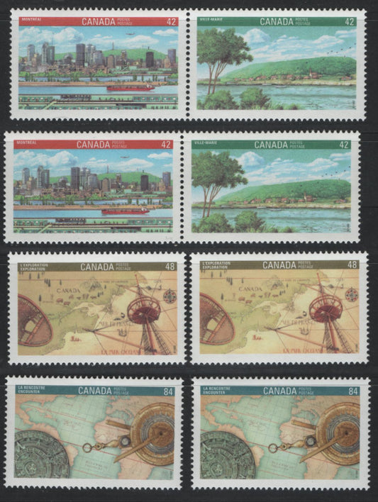 Canada #1405a, 1406-1407 42c-84c Multicoloured Montreal - Discovery, 1992 Canada '92 Issue, 4 VFNH Singles & 2 Se-Tenant Pairs On NF/DF1 And NF/DF2 Harrison Papers, Smooth & Spotty PVA Gums