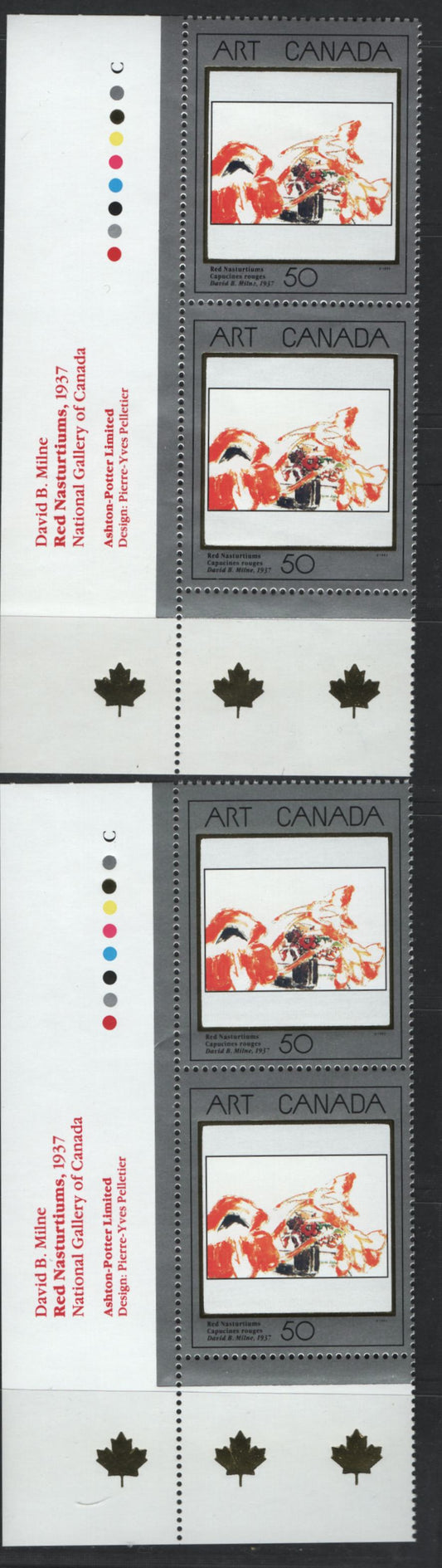 Canada #1419&var 50c Multicoloured Red Nasturtiums, 1992 Art Canada Issue, 2 VFNH Inscription Pairs On Both NF/DF2 And MF/LF3-fl Coated Papers Paper