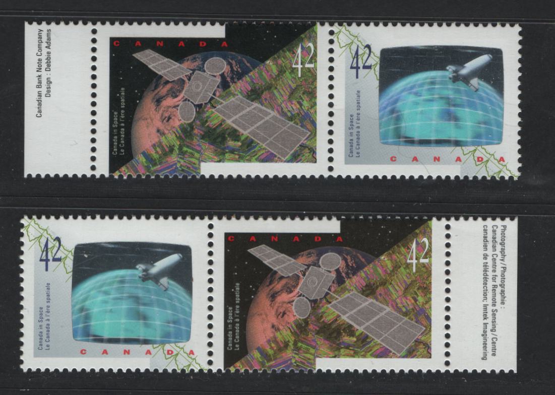 Canada #1442a&var 42c Multicoloured Anik E2 Satellite & Astronauts Achievements, 1992 Canada In Space Issue, 2 VFNH Se-Tenant Pairs On Both NF/DF1 & NF/DF2 Vertical Ribbed Coated Papers Papers, NF/DF2 Appears To Be 20 Times Scarcer
