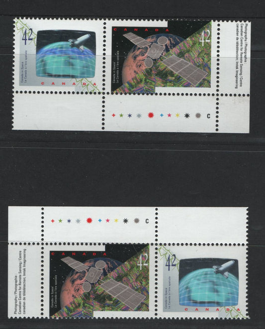 Canada #1442a&var 42c Multicoloured Anik E2 Satellite & Astronauts Achievements, 1992 Canada In Space Issue, 2 VFNH Se-Tenant Pairs On Both NF/DF1 & NF/DF2 Vertical Ribbed Coated Papers Papers, NF/DF2 Appears To Be 20 Times Scarcer