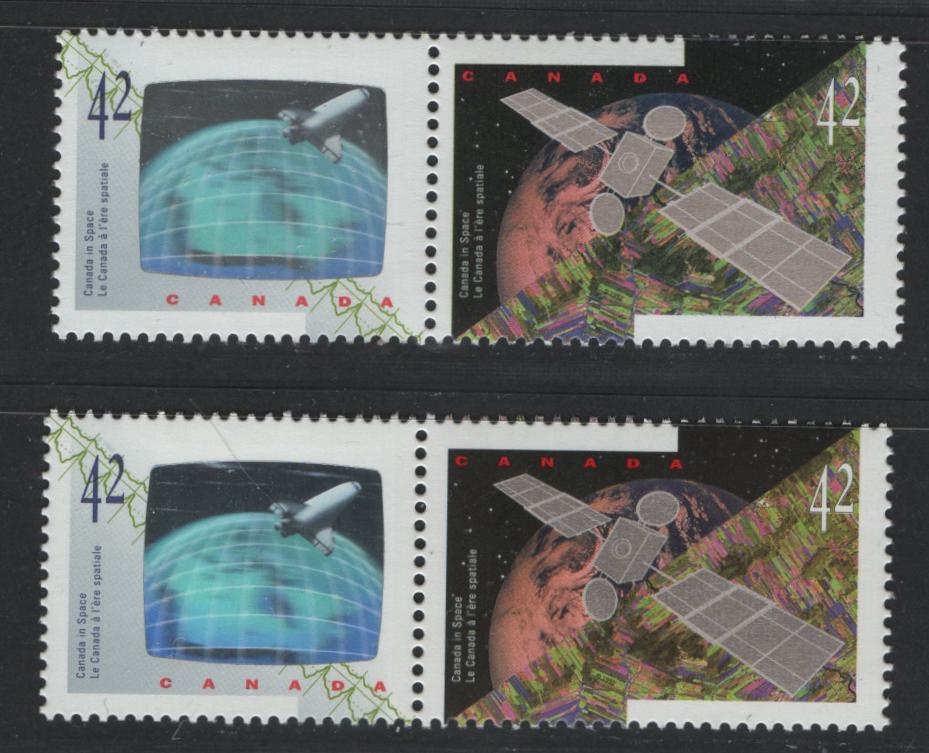 Canada #1442a&var 42c Multicoloured Anik E2 Satellite & Astronauts Achievements, 1992 Canada In Space Issue, 2 VFNH Se-Tenant Pairs Green & Olive Green Shades, On NF/DF1 VerticaLRibbed Coated Papers Paper, Quite Striking!