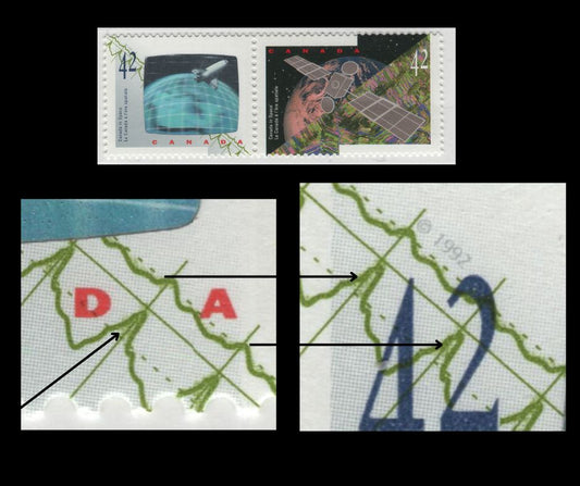 Canada #1442avar 42c Multicoloured Anik E2 Satellite & Astronauts Achievements, 1992 Canada In Space Issue, A VFNH Se-Tenant Pair Showing Smudgy Green Wave Peaks On 1441, NF/DF1 Coated Papers Paper, Wave Peaks Are Normally Sharp, Unlisted