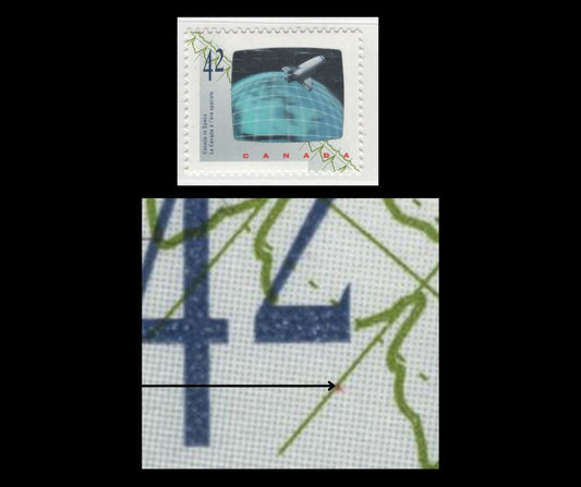 Canada #1442var 42c Multicoloured Astronauts Achievements, 1992 Canada In Space Issue, A VFNH Single Red Dot On Wave Asymptote (Pos.2), Tertiary, NF/DF1 Vertical Ribbed Coated Papers Paper