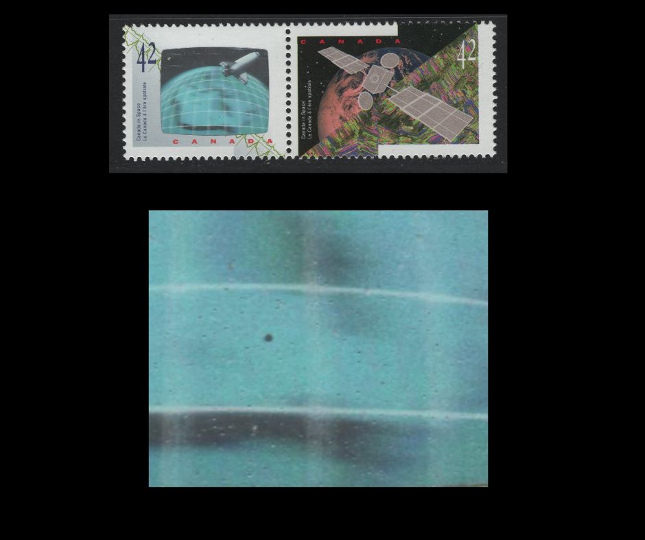Canada #1442avar (Darnell #1466g) 42c Multicoloured Anik E2 Satellite & Astronauts Achievements, 1992 Canada In Space Issue, A VFNH Se-Tenant Pairs "Crater" Variety, NF/DF1 Vertical Ribbed Coated Papers Paper