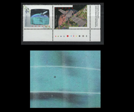 Lot 76 Canada #1442avar (Darnell #1466g) 42c Multicoloured Anik E2 Satellite & Astronauts Achievements, 1992 Canada In Space Issue, A VFNH Inscription Pair "Crater" Variety, NF/DF1 Vertical Ribbed Coated Papers Paper