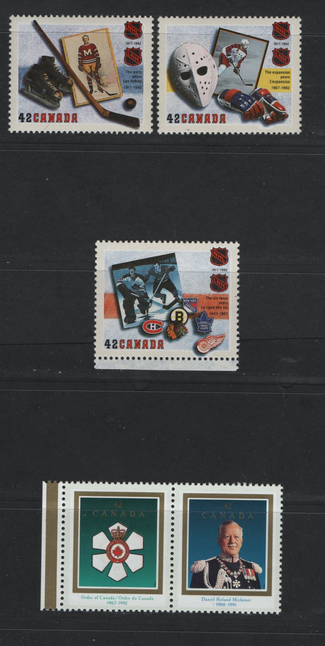 Canada #1443-1447a 42c Multicoloured The Early Years - Rolland Michener, 1992 NHL & Order Of Canada/Rolland Michener Issues, 3 VFNH Singles & Se-Tenant Pair On DF1/DF1 Harrison & NF/DF1 Coated papers Papers