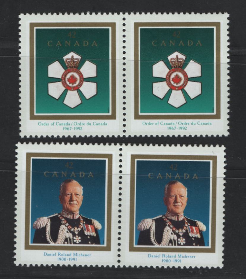 Canada #1447i, ii 42c Multicoloured Order Of Canada & Rolland Michener, 1992 Order Of Canada & Rolland Michener Issue, 2 VFNH Horizontal Identical Pairs On NF/DF1 Coated Papers Paper