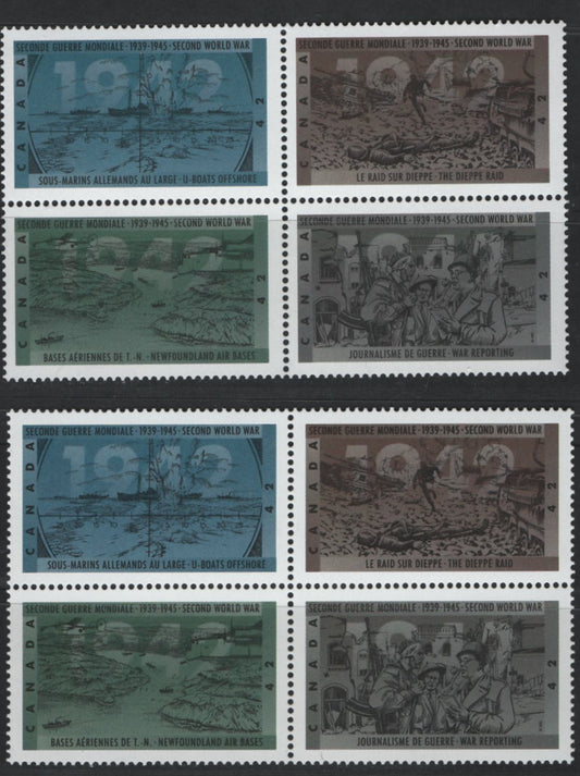 Canada #1451a, ai 42c Multicoloured War Reporting - U-Boats Offshore, 1992 50th Anniversary of World War II Issue, 2 VFNH Se-Tenant Blocks Of 4 & Single On DF2 & MF6 Peterboro Papers
