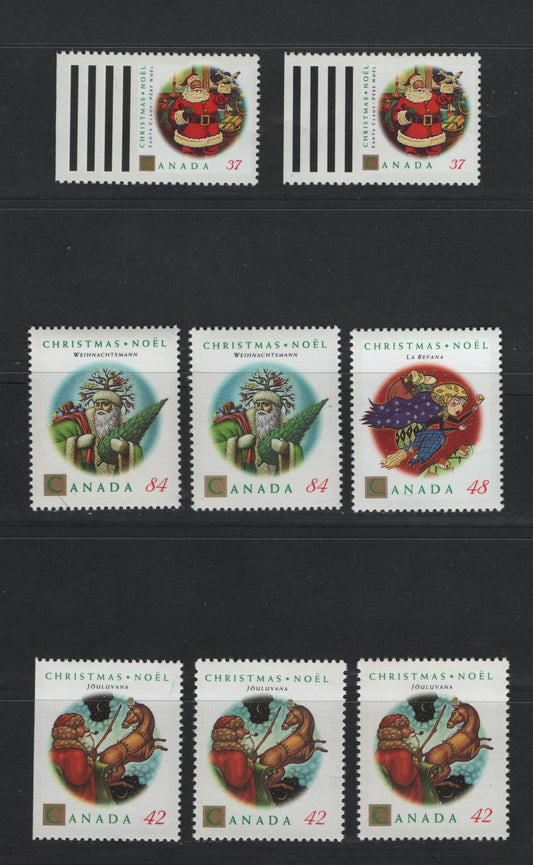 Canada #1452-1455, 1452as 37c-84c Multicoloured Jouluvana - Santa Claus, 1992 Christmas issue, 8 VFNH Singles On DF1/DF1 , DF1/DF2 & DF1/LF3 Harrison Papers And NF/DF1 & NF/DF2 Coated Papers Papers