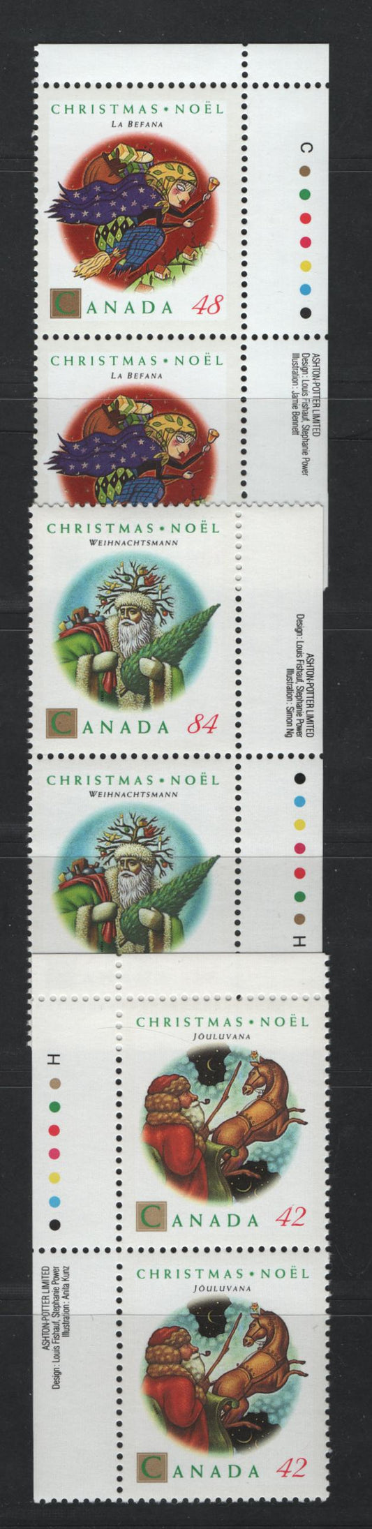 Canada #1452-1454 42c-84c Multicoloured Joulvana - Weihnachtsmann, 1992 Christmas issue, 3 VFNH Inscription Pairs On DF1/DF2 Harrison Paper & NF/DF1 Coated Papers Paper