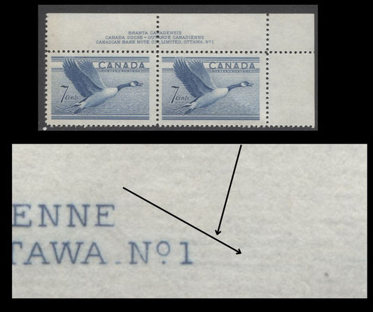 Lot 216 Canada #320var 7c Steel Blue Canada Goose, 1952-1962 Karsh & Wilding Issue, A FNH Plate 1 Inscription Pair, With Fine Hairlines through the Inscription And Between Stamps