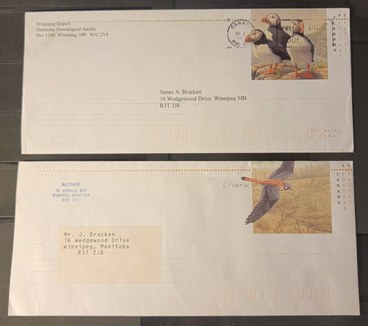 Canada  #U151, U153 45c Multicoloured Atlantic Puffin & American Kestrel, 1996 Birds of Canada Issue, 2 VF #10 Postal Stationery Envelopes Used In-Period to Winnipeg Addresses