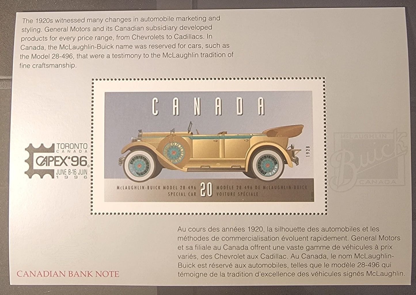 Canada  #PEC#7 20c Multicoloured McLaughlin Buick, 1996 Historic Land Vehicles Issue, A VF CAPEX '96 Philatelic Exhibition Card, Containing Perforated Reproduction Of #1605r