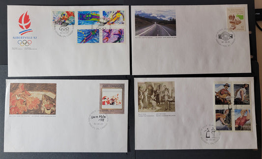 Canada #1399-1403, 1432-1435, 1413, 1419 42c, 50c Multicoloured Ski Jumping - Jos Montferrand, 1992 Winter Olympics - Canadian Folklore Issues, 4 VF Canada Post Official FDC's Franked With Singles & Combinations, HB Envelopes