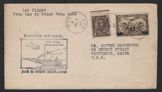 Lot 227 Canada (C) #AAMC#3247b 6c on 5c - 2c Brown King George V - Winged Figures & Globe, 1930-1931 Arch/Leaf & Airmail Issues, A Very Fine Used Cover, Franked With #166 & #C3, RAE To Great Bear Lake Flight Dec. 7 1932
