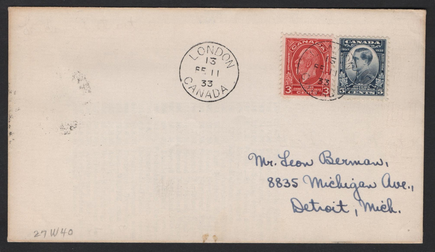 Lot 228 Canada (C) #192-193 3c & 5c Red - Blue King George V - Prince of Wales, 1932 Imperial Economic Conference Issue, A Very Fine Used Cover, Combination Cover to Detroit, Michigan, Sent Feb 11 1933, AAMC 3307a.