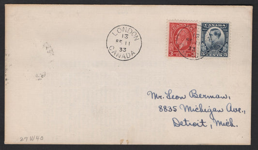 Lot 228 Canada (C) #192-193 3c & 5c Red - Blue King George V - Prince of Wales, 1932 Imperial Economic Conference Issue, A Very Fine Used Cover, Combination Cover to Detroit, Michigan, Sent Feb 11 1933, AAMC 3307a.