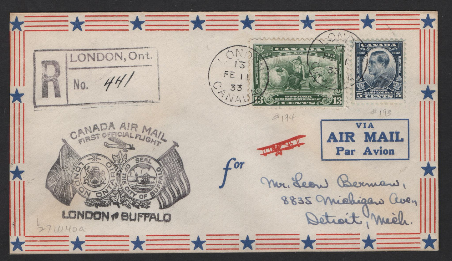 Lot 230 Canada (C) #AAMC#3307, A Very Fine Used Cover, Franked With Fine Centered #193 & #194, London -Buffalo Flight, Feb 11 1933