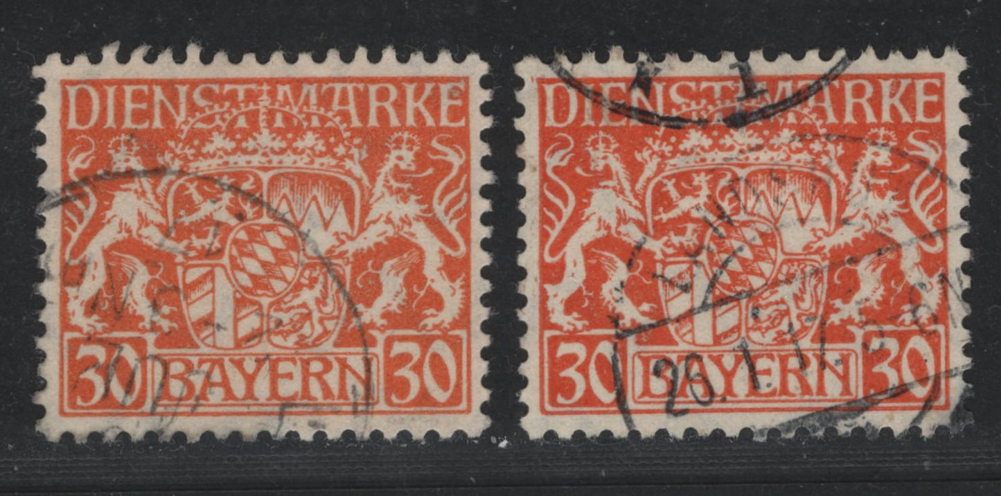 Bavaria SC#O16 (Mi #22ya-yb) 30pf Orange & Bark Red Orange Coat Of Arms, 1916-1920 Official Issue, 2 VF Used Singles On Paper Type Y, As Described In Michel, Postal Cancels