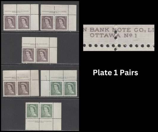 Lot 231 Canada #325-326 1c-2c Violet Brown & Pale Green Queen Elizabeth II, 1953-1954 Karsh Issue, 7 VFNH Plate 1 Inscription Pairs, Various Shades, Different Perfs