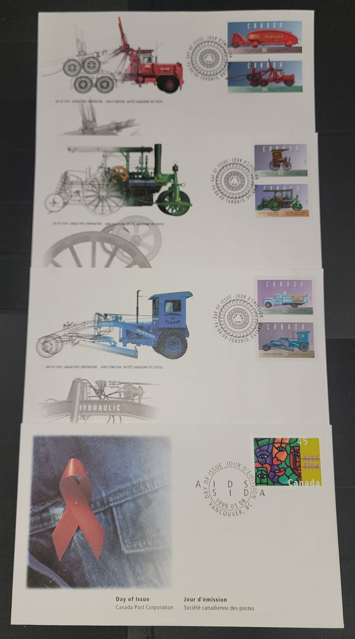 Canada  #1603, 1604a-f 45c-90c Multicoloured Joe Average Painting - Hayes HDX45-115 Logging Truck, 1996 Aids & Historic Land Vehicles Issues, 4 VF Canada Post FDC's Franked With Pairs & Singles, HB Envelopes