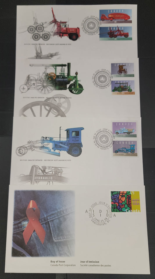Canada  #1603, 1604a-f 45c-90c Multicoloured Joe Average Painting - Hayes HDX45-115 Logging Truck, 1996 Aids & Historic Land Vehicles Issues, 4 VF Canada Post FDC's Franked With Pairs & Singles, HB Envelopes