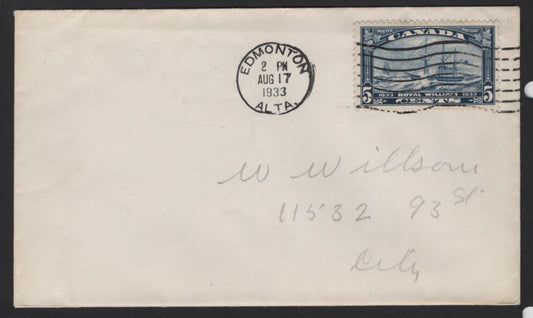 Lot 233 Canada (C) #204 5c Dark Blue Royal William, 1933 Royal William Issue, A Very Fine Used Cover, Sent Locally Within Edmonton, Stamp Is Tied By A Machine Cancel