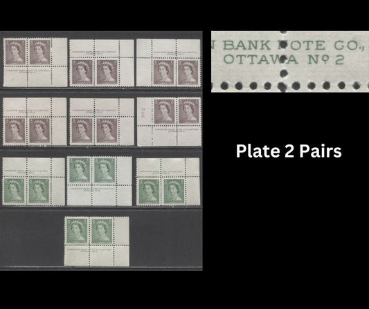Lot 233 Canada #325-326 1c-2c Violet Brown & Pale Green Queen Elizabeth II, 1953-1954 Karsh Issue, 10 VFNH Plate 2 Inscription Pairs, Different Perfs