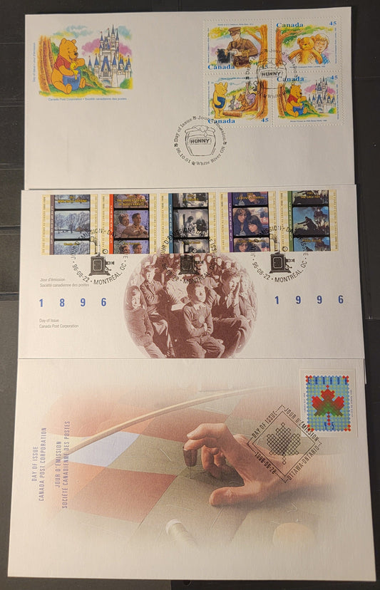 Canada  #1607, 1616, 1618-1621,  45c Multicoloured Maple Leaf - Winnie The Pooh At Dysney World, 1996 Canada Day - Winnie The Pooh Issues, 3 VF Canada Post FDC's Franked With Singles & A Block, HB & MF Envelopes