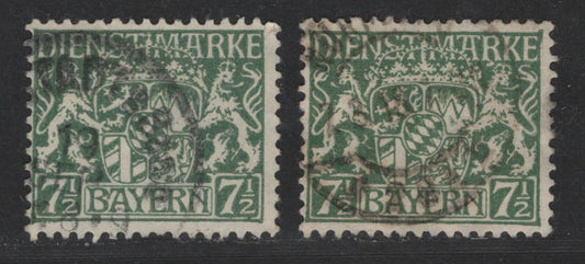 Bavaria SC#O9 (Mi #25ya, 25yc) 7.5pf Dark Green & Lively Grey Green Coat Of Arms, 1916-1920 Official Issue, 2 Fine Used Singles On Paper Type Y, As Described In Michel, Postal Cancels