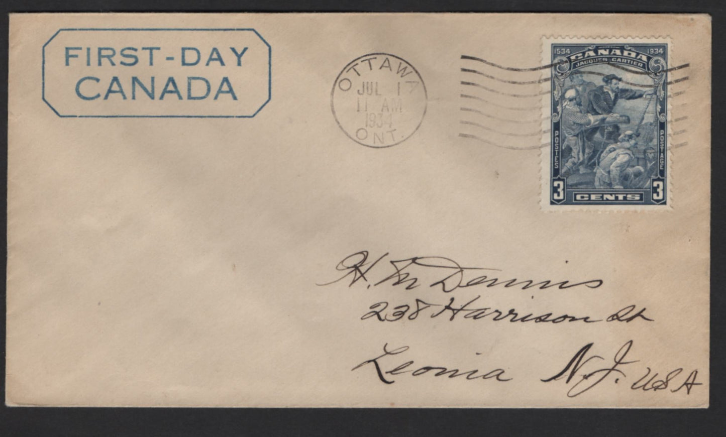 Lot 235 Canada (C) #208var 3c Blue Jacques Cartier, 1934 Jacques Cartier Issue, A Very Fine Used Cover, Showing Arc In Left 3 On VF FDC, beautifully Addressed, Boxed Blue Cachet (Dickinson Nk54).