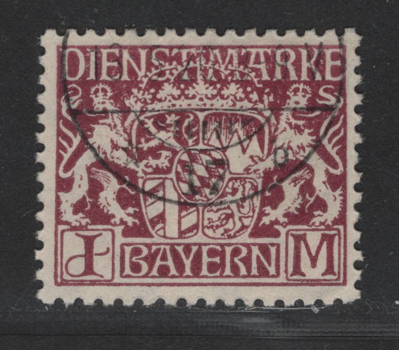 Bavaria SC#O19 1m Maroon Coat Of Arms, 1916-1920 Official Issue, A VF Used Single On Paper Type Y, As Described In Michel, Likely A CTO