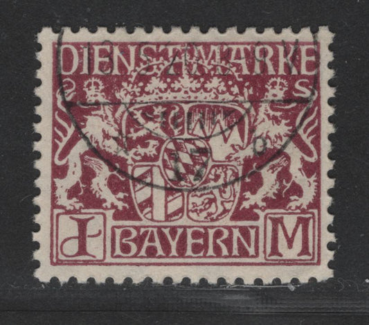 Bavaria SC#O19 1m Maroon Coat Of Arms, 1916-1920 Official Issue, A VF Used Single On Paper Type Y, As Described In Michel, Likely A CTO
