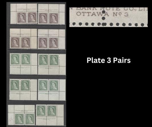 Lot 235 Canada #325-326 1c-2c Violet Brown & Pale Green Queen Elizabeth II, 1953-1954 Karsh Issue, 10 VFNH Plate 3 Inscription Pairs, Various Shades, Different Perfs
