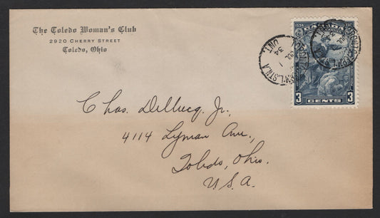 Lot 236 Canada (C) #208 3c Blue Jacques Cartier, 1934 Jacques Cartier Issue, A Fine Used Cover, Slight Edge Toning, Franked With VF Centered 208