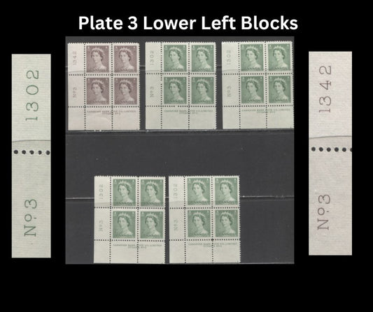 Lot 236 Canada #325-326 1c-2c Violet Brown & Pale Green Queen Elizabeth II, 1953-1954 Karsh Issue, 5 VFNH LL Plate 3 Inscription Blocks, Different Perfs