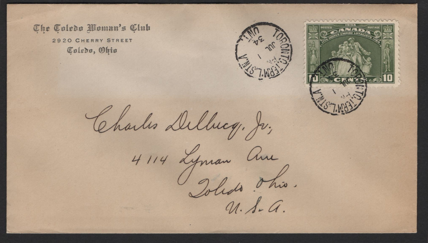 Lot 237 Canada (C) #209 10c Olive Green Loyalist Statue, 1934 Loyalist Issue, A Fine Used Cover, FDC With Light Age Discoloration, beautifully Addressed