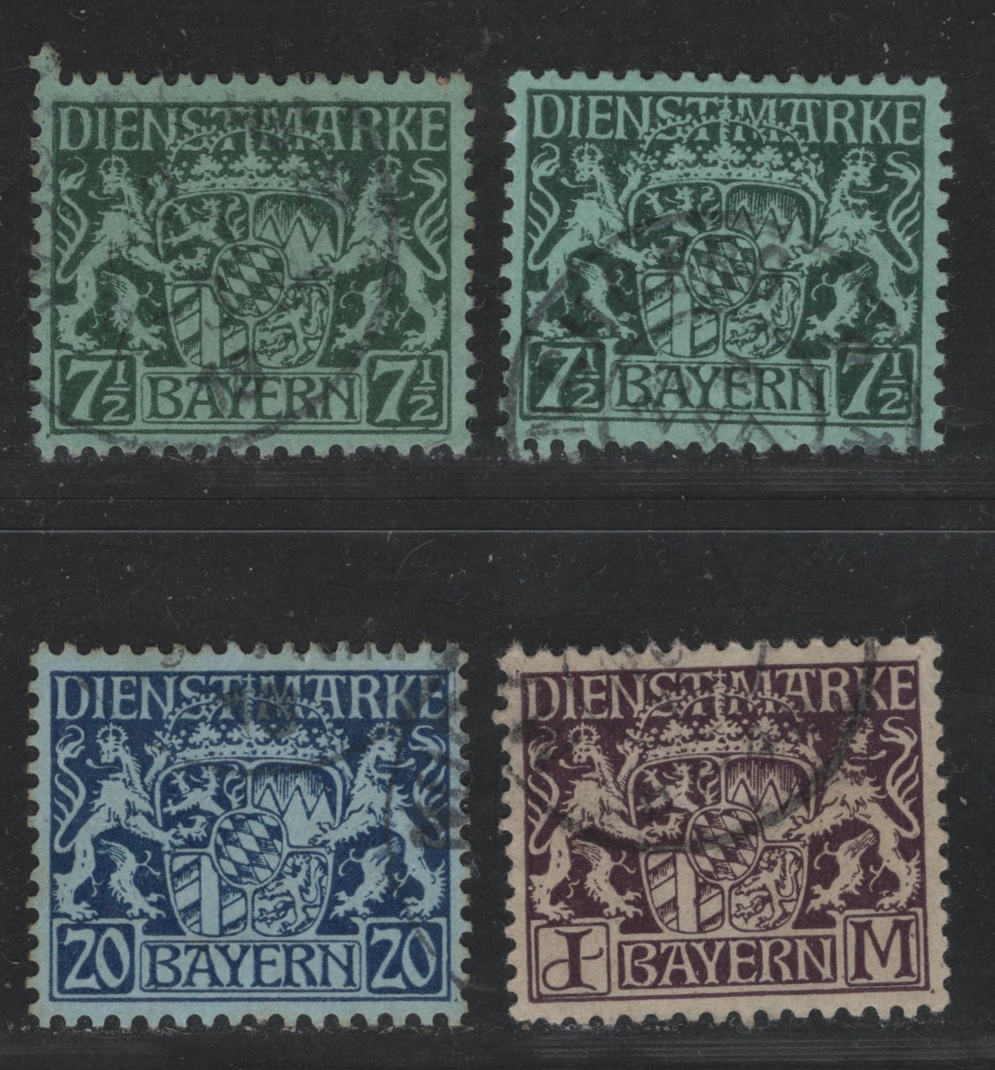 Bavaria SC#O8, O13, O18 7.5pf, 20pf, 1m Dark Green On Green, Deep Blue On Bluish & Dark Brown Violet On Grey Coat Of Arms, 1916-1920 Official Issue, 4 VF Used Singles On Paper Type V, As Described In Michel, Postal Cancels