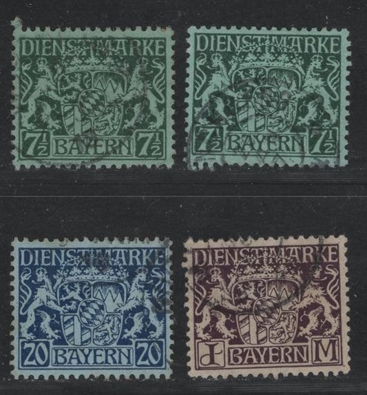 Bavaria SC#O8, O13, O18 7.5pf, 20pf, 1m Dark Green On Green, Deep Blue On Bluish & Dark Brown Violet On Grey Coat Of Arms, 1916-1920 Official Issue, 4 VF Used Singles On Paper Type V, As Described In Michel, Postal Cancels