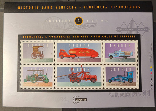 Canada  #1604 45c-90c Multicoloured Still Motor Co. Electric Van - Hayes HDX 45-115, 1996 Historic Land Vehicles Issue, A VFNH Souvenir Sheet Of 6 On LF Peterborough Paper