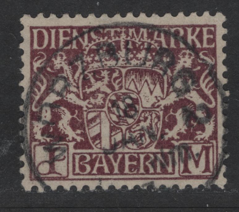 Lot 170 Bavaria SC#O18 (Mi #24vc) 1m  Blackish Brown Purple Coat Of Arms, 1916-1920 Official Issue, A VF Used Single On Paper Type V, As Described In Michel, Postal Cancels
