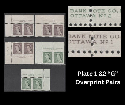 Lot 238 Canada #O33-O34 1c-2c Violet Brown & Pale Green Queen Elizabeth II, 1953-1954 Karsh Issue, 5 VFNH Plate 1-4 Inscription Pairs, Different Perfs