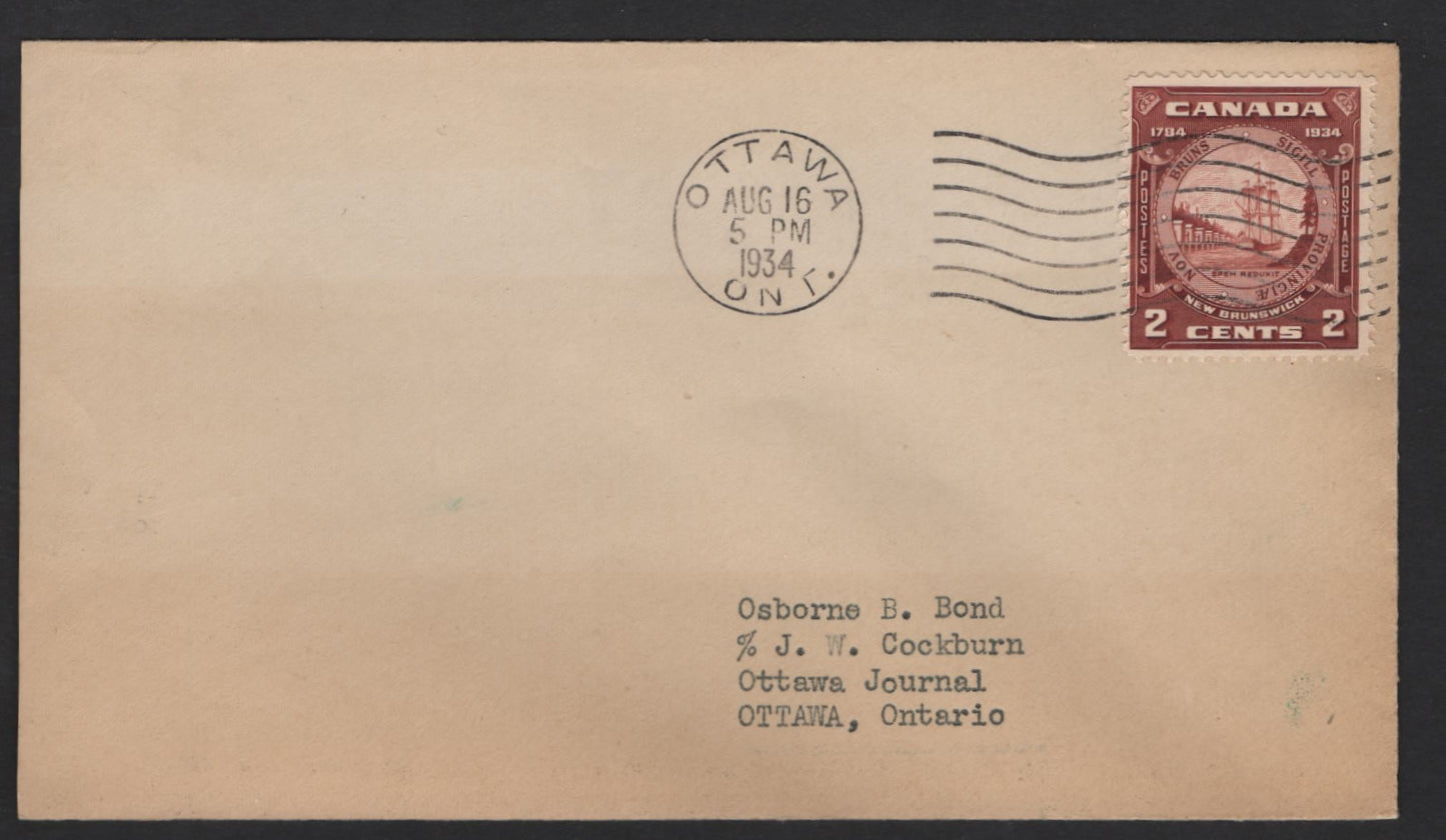 Lot 239 Canada (C) #210 2c Red Brown New Brunswick Seal, 1934 New Brunswick Issue, A Fine Used Cover, Mild Toning